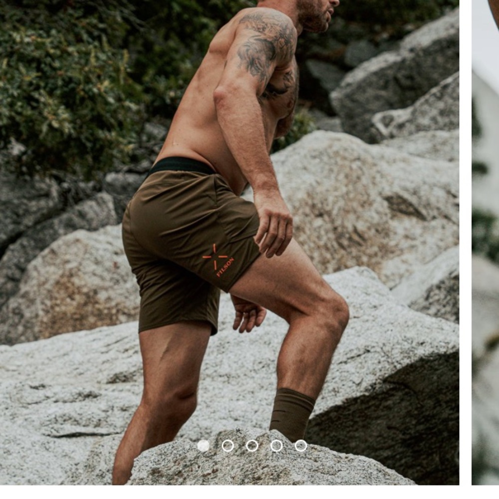 Filson Olive Green Athletic Shorts with Orange Logo